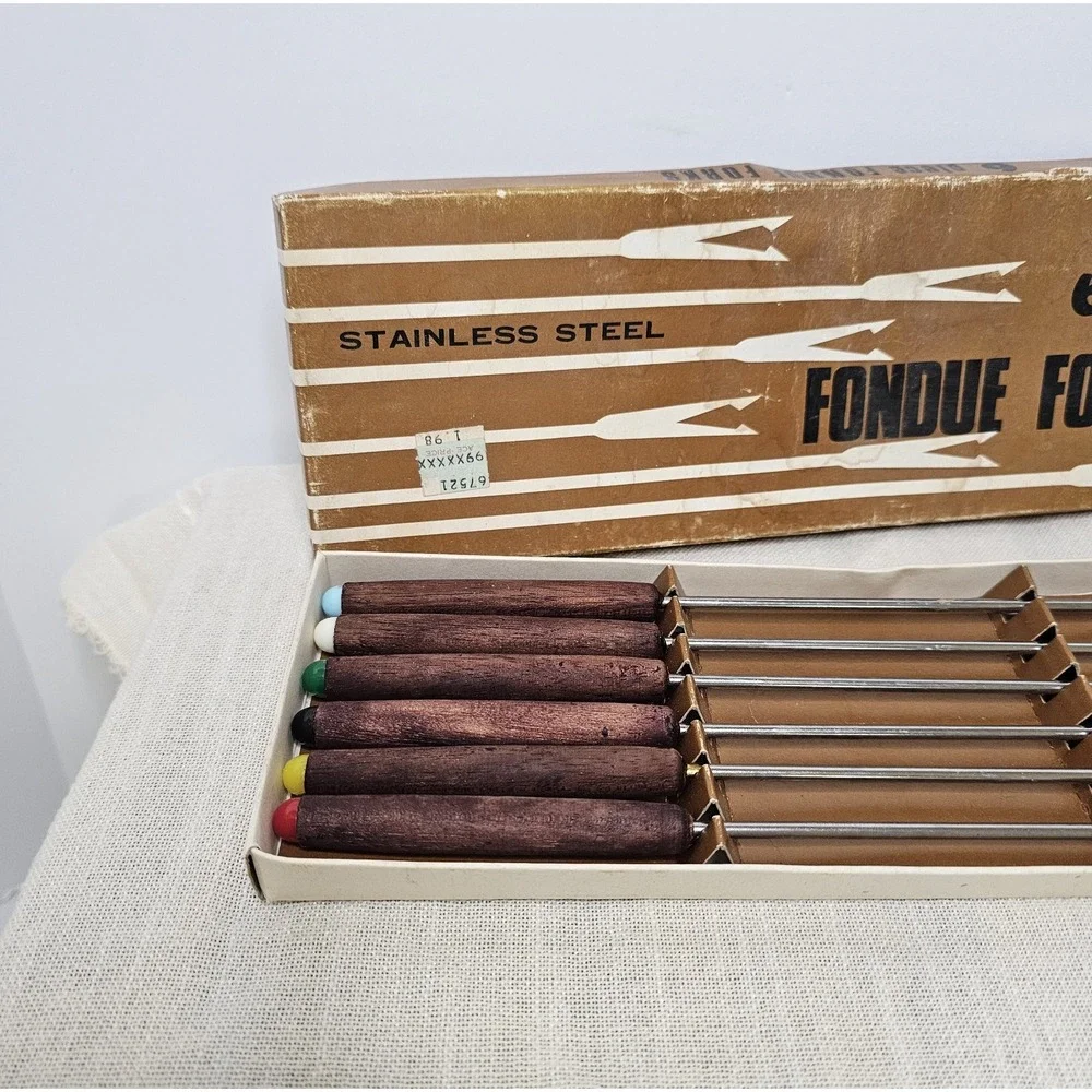 Vintage Fondue Stainless Steel 6 Piece Wooden Handle Set 10.5